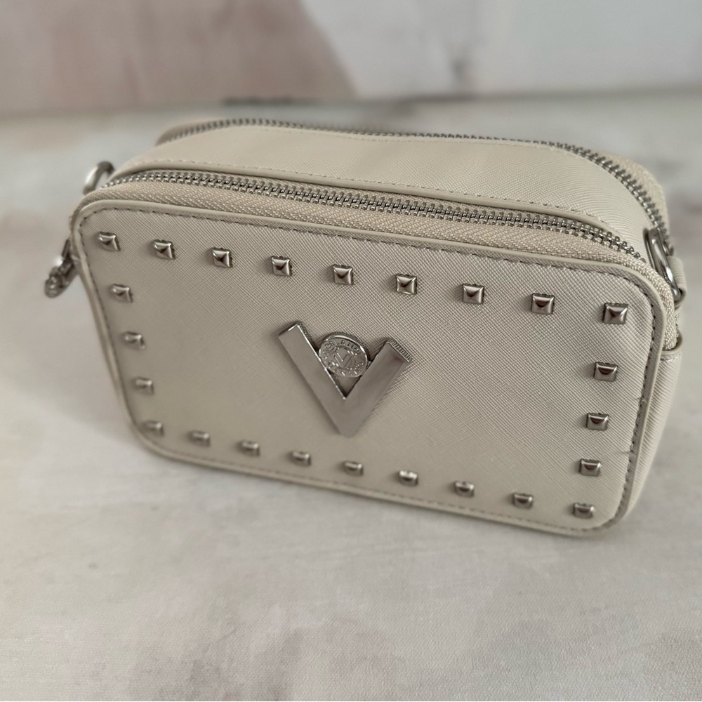 Valentino Orlandi Vegan LeatheCream and Silver Crossbody Bag with Studded Design